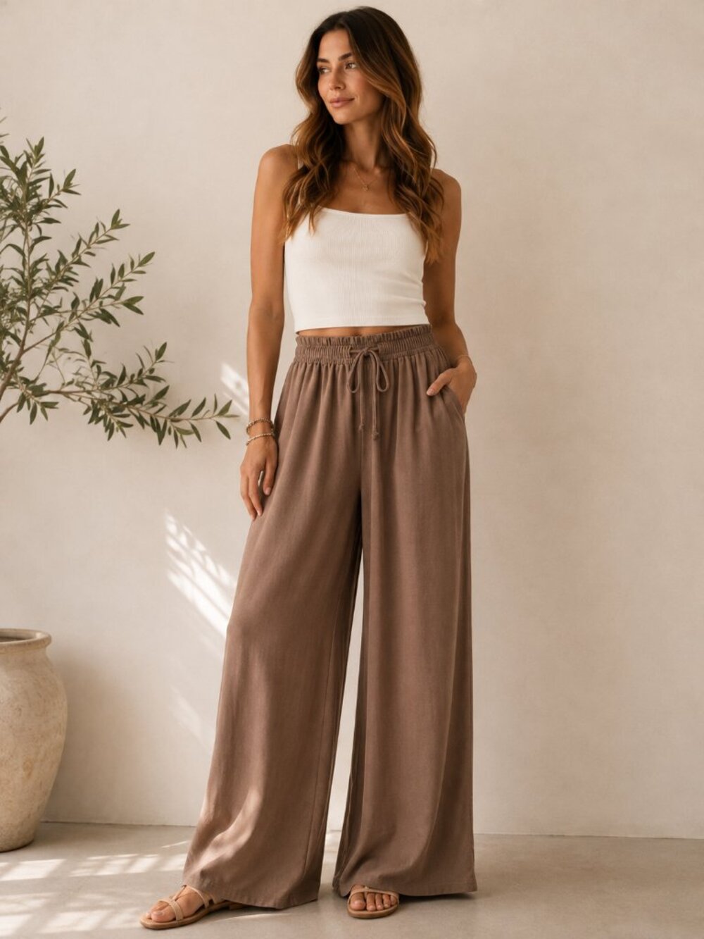 Altar'd State Mandie Brown Wide Leg Pants S Drawstring Boho Coastal Palazzo